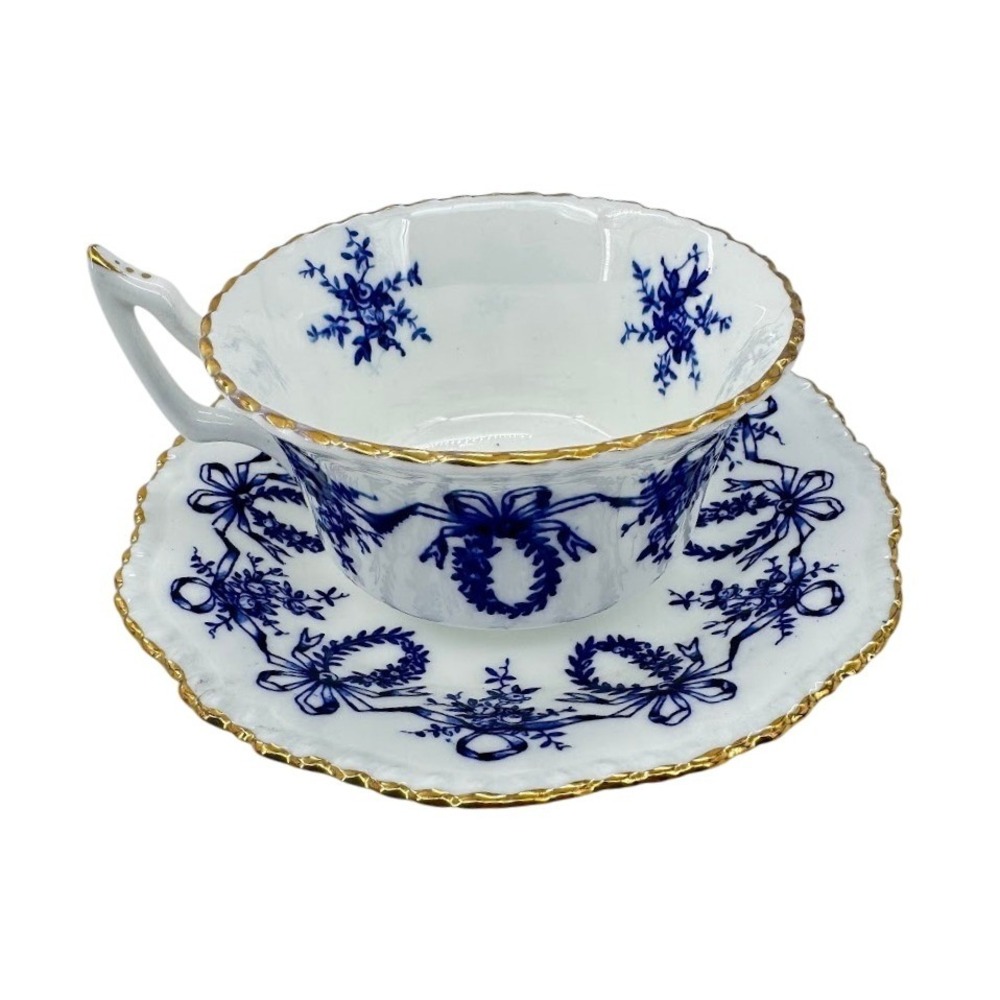 Coalport Bone China Teacup Saucer Set Blue Floral Bows Gold Trim England 9284